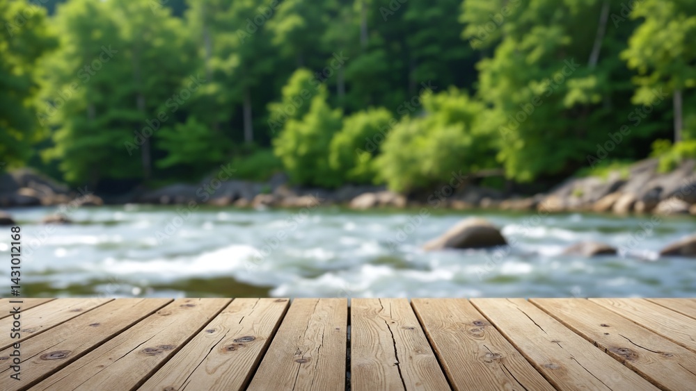 Poster empty wooden jetty over flowing water in front of green blurred background