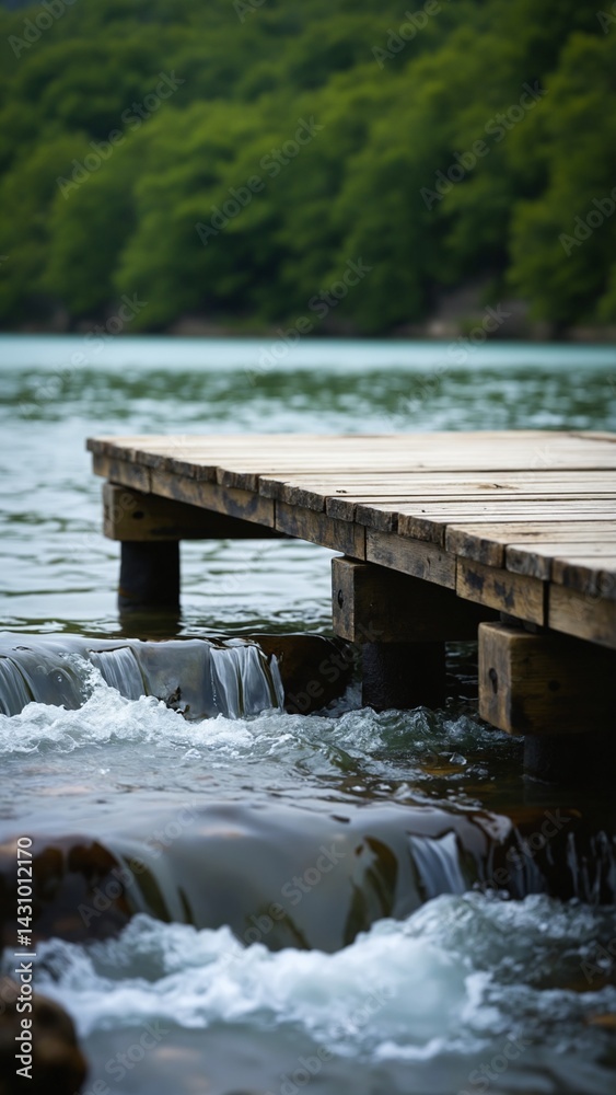 Poster empty wooden jetty over flowing water in front of green blurred background