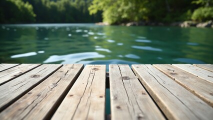 Fototapeta premium Empty wooden jetty over flowing water in front of green blurred background