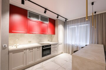 interior apartment kitchen and dining room, refectory area, cooking equipment, table furniture,...