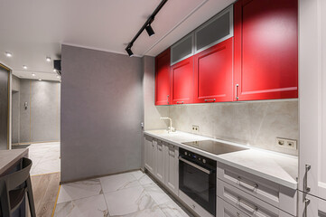 interior apartment kitchen and dining room, refectory area, cooking equipment, table furniture,...