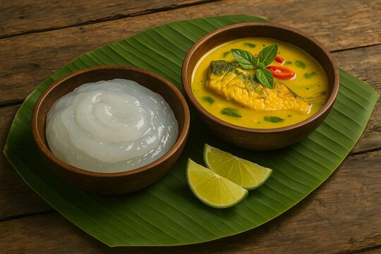 Indonesian traditional food. Indonesian comfort food: Papeda (sago starch) served with turmeric fish stew (Kuah Kuning). A traditional delicacy from Maluku and Papua. 
