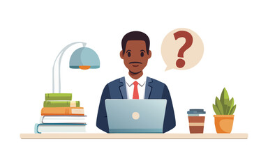 Contemplation, doubt or unsure, curiosity thinking to solve problem, question in the head, uncertainty or confusion, decision concept, businessman thinking on computer laptop with doubt question mark.