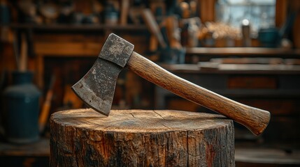 Vintage axe resting on a wood stump in a rustic workshop