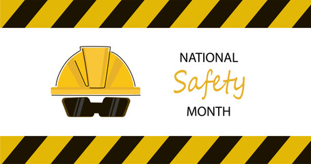National safety month text with yellow construction hard hat and sunglasses on a yellow and white background with sparkles for industry workplace security. vector line art illustration