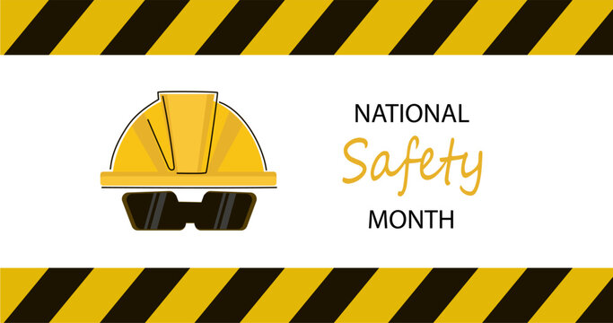 National safety month text with yellow construction hard hat and sunglasses on a yellow and white background with sparkles for industry workplace security. vector line art illustration - Powered by Adobe