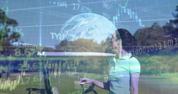 Mature woman pushing golf cart on golf course fairway, showing finance charts and globe overlays - Powered by Adobe