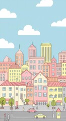 Fototapeta premium Under the Blue: A Tranquil Cartoon Cityscape Bathed in Warm Daylight