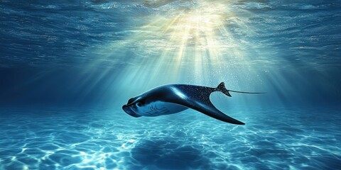 A majestic manta ray gliding through crystal-clear blue ocean water, sunlight filtering through the waves