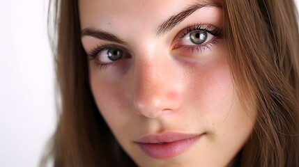 Young Woman Making Direct Eye Contact in a Studio Portrait with Natural Light and Soft Background