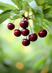 Close-up of cherry tree branch with sweet purple cherries and leaves against blurry green background