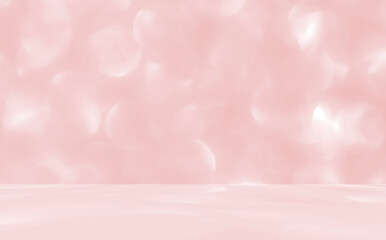Rose gold pink bokeh background. Empty room studio for product presentation. Sunlight effect shadow of nature bokeh on the wall and floor. Summer or spring backdrop concept.