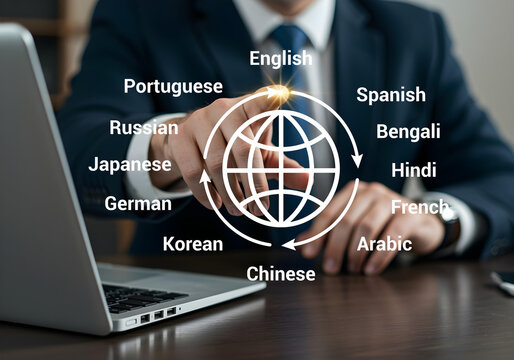 The concept of multilingual language translation and communication. A businessman surrounded by icons on virtual checklist representing various languages, global translation. Ai generative