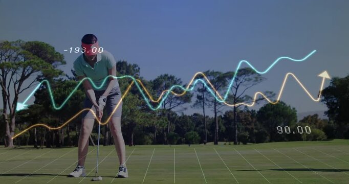 woman golfer bending over on putting green, displaying sports technology graphs and numeric data - Powered by Adobe