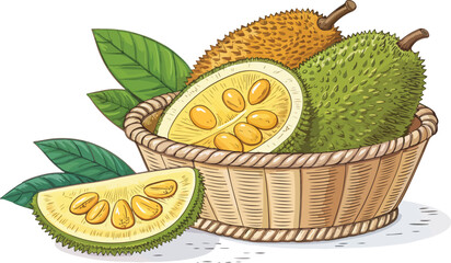 Jack Fruit in wicker basket with Jack Fruit Slice in white background vector design, Jack Fruit Illustration vector design