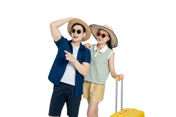 portrait of asian couple wearing travel clothes,  suitcases and posing on white background