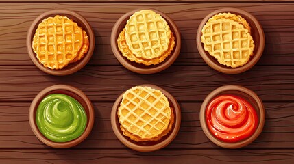 Fototapeta premium Colorful waffle treats displayed in small bowls over a wooden surface.