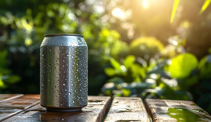 An aluminum can of beer on an old wooden table in the garden, with water droplets on it, a blurred background with sunlight and green plants,