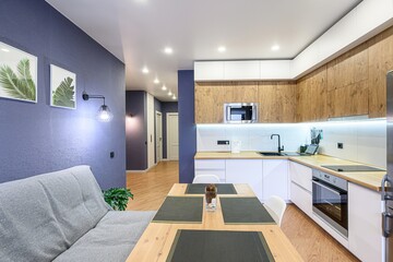 interior apartment kitchen and dining room, refectory area, cooking equipment, table furniture, stove