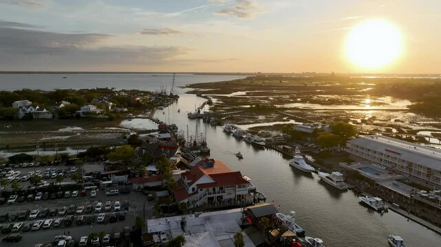 aerial orbit of shem creek in mount pleasant sc near charleston sc