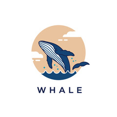 Whale breaching ocean waves logo design with beige sun background and water splash vector illustration 
