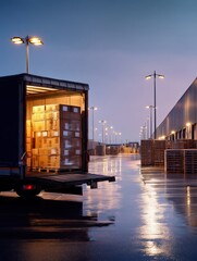 Evening logistics scene with a semi-truck loading cardboard boxes at a modern warehouse facility under street lights after rain, representing global shipping and freight transport