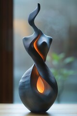 Decorative sculpture with a flame effect light on a wooden surface near a window.