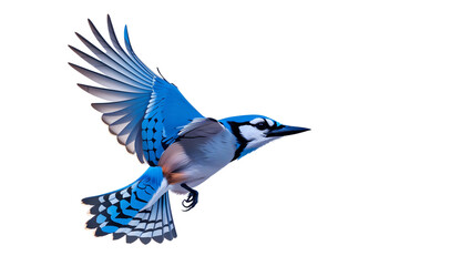 Detailed blue jay illustration on black background with open wings