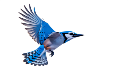 Detailed blue jay illustration on black background with open wings