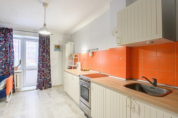 interior apartment kitchen and dining room, refectory area, cooking equipment, table furniture,...