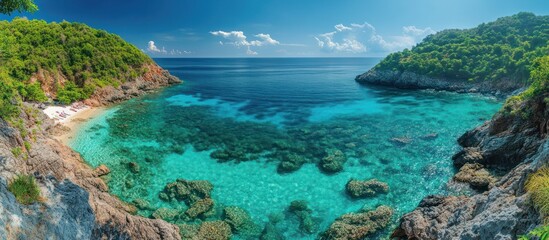 Obraz premium Secluded cove beach, turquoise water, sunny day, travel