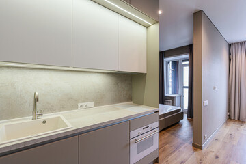 interior apartment kitchen and dining room, refectory area, cooking equipment, table furniture,...
