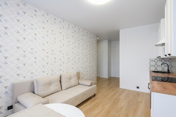 interior apartment kitchen and dining room, refectory area, cooking equipment, table furniture, stove
