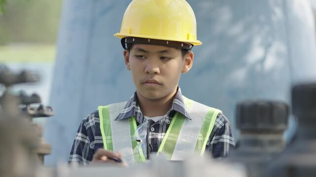 A boy is studying engineering and is using a tablet.