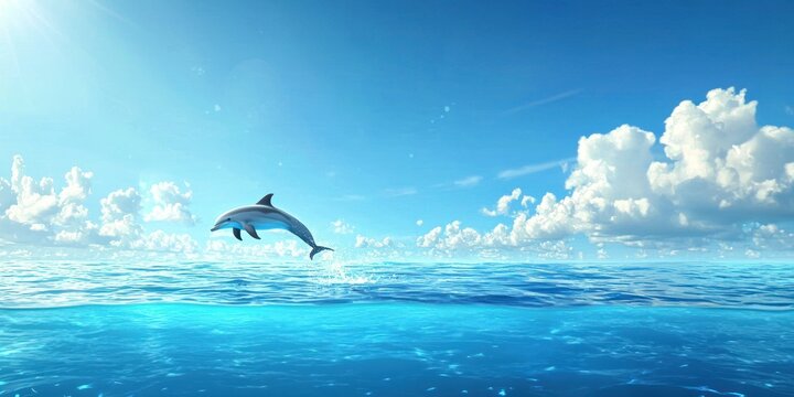 A playful dolphin leaping out of the sparkling blue ocean under a clear sky