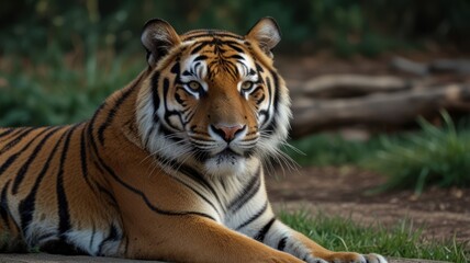 Obraz premium Majestic tiger resting, zoo enclosure, wildlife conservation