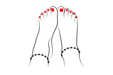 Beautiful Indian girl feet with anklets and red nails line drawing isolated on white background - vector illustration