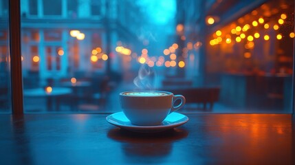 Warm coffee in a cafe at night