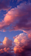 Fototapeta premium Radiant pastel clouds drift across the dusky blue sky at sunset, creating a stunning display of colorful light and atmosphere in the tranquil evening air tonight.