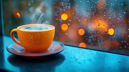 Fototapeta premium Warm coffee on rainy night