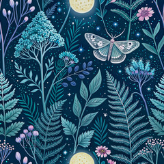 Seamless pattern, background "Mysterious botanical garden at night". Design of silk fabric, wallpaper, wrapping paper for natural cosmetics.