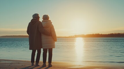 A joyful elderly couple embraces on a beach at sunset, gazing at each other with smiles.