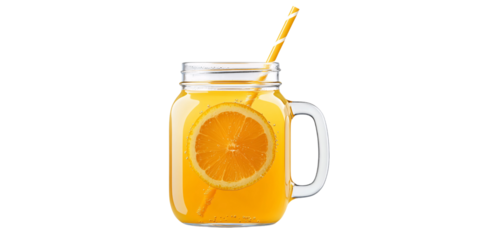 Refreshing orange juice in mason jar with slice of orange and striped straw on transparent background Concept of healthy drink, summer beverage, and vitamin boost