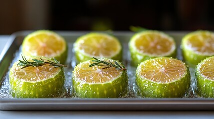 Fresh limes arranged on a baking sheet, ready for cooking or preserving.  Small sprigs of rosemary are on top of each lime half