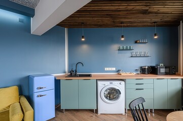 interior apartment kitchen and dining room, refectory area, cooking equipment, table furniture,...