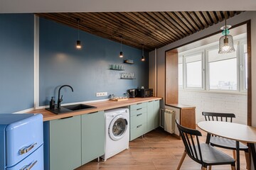 interior apartment kitchen and dining room, refectory area, cooking equipment, table furniture, stove