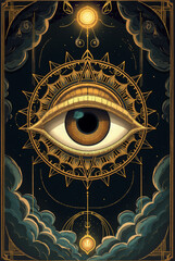 Generative AI All Seeing Eye: Mystical Art Deco eye mandala geometric gold sun stars clouds illustration pendant rose mysticism spiritual illumination divine vision - Download Now