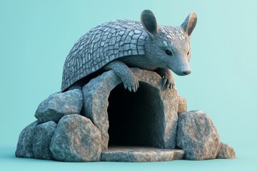 Obraz premium Gray armadillo resting atop a stone cave entrance.