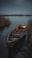 Obraz premium An old wooden boat rests near the shore under a moody, twilight sky with subtle light inside and tall reeds flanking the frame in a serene landscape view.