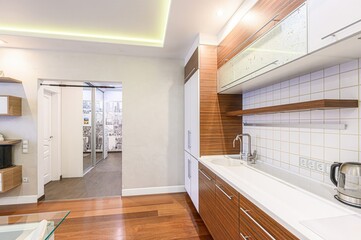 interior apartment kitchen and dining room, refectory area, cooking equipment, table furniture,...